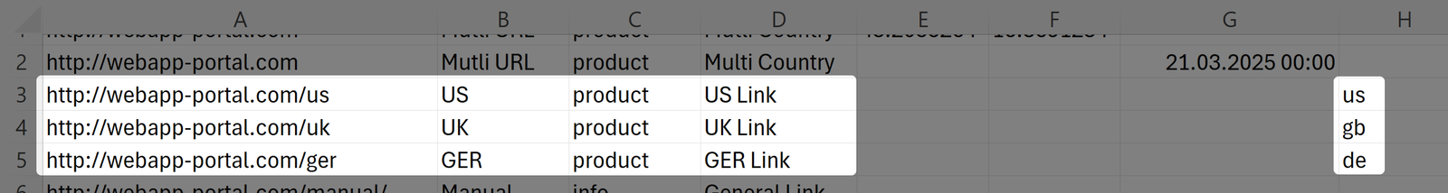 Zrzut ekranu wierszy od 3 do 5 w CSV 