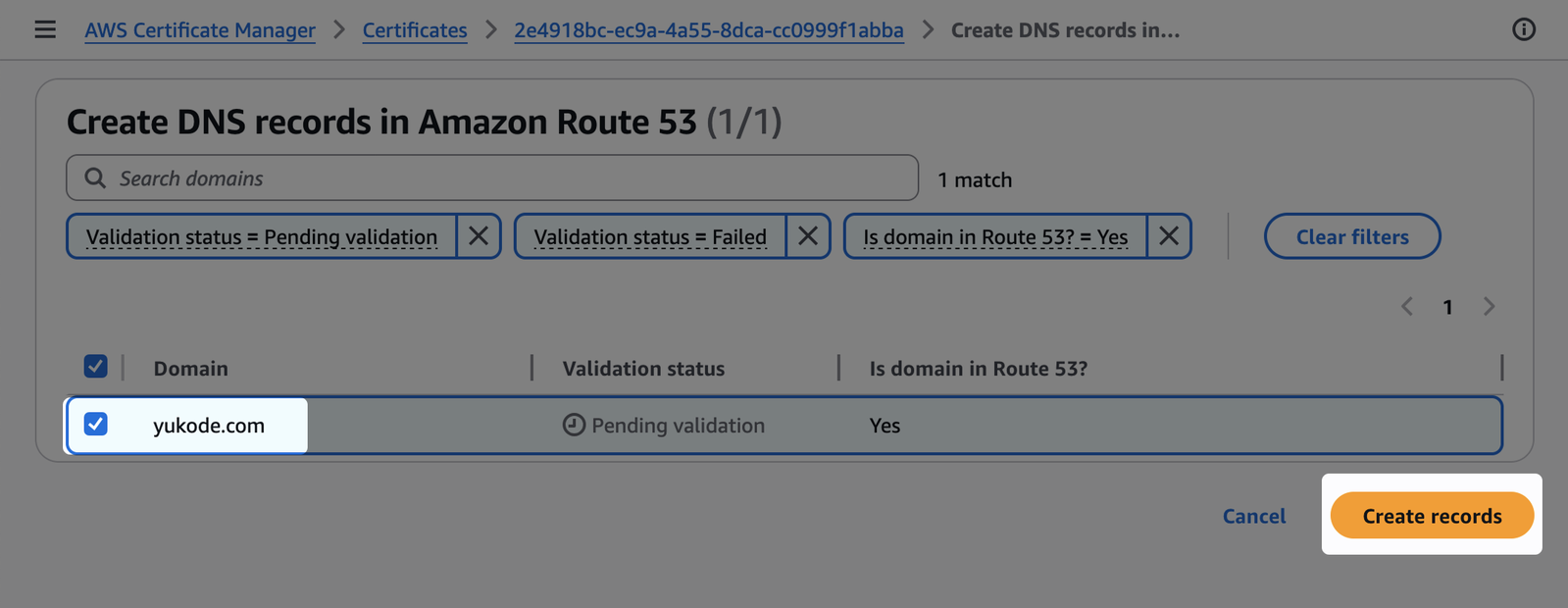 Select the domain in the list and click on the button Create records.