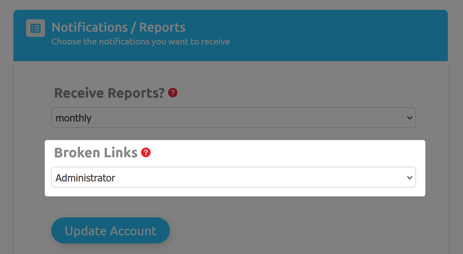 Captura de pantalla del panel de notificaciones en la configuración del usuario 