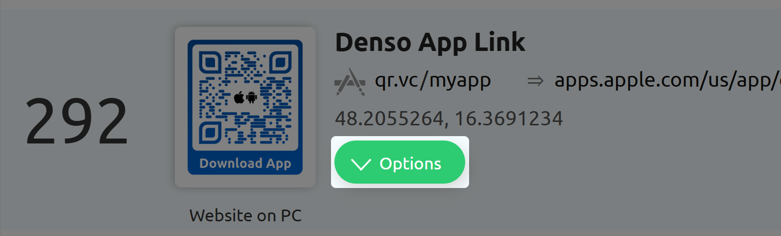 Screenshot of Button "Options" in QR Code Overview 