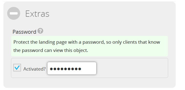 Extras section with password option