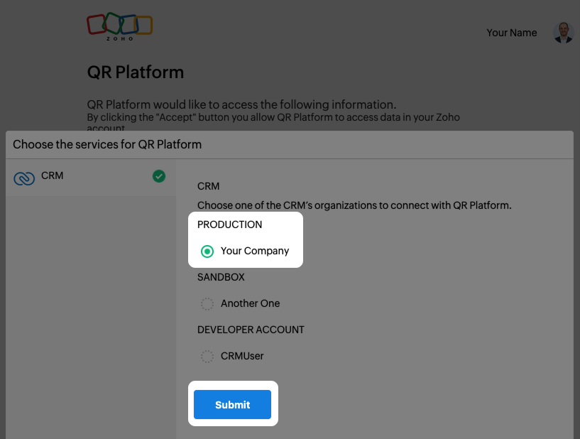 Screenshot: Bildschirm "Access Grant" für Zoho mit markiertem System und Button "Submit"