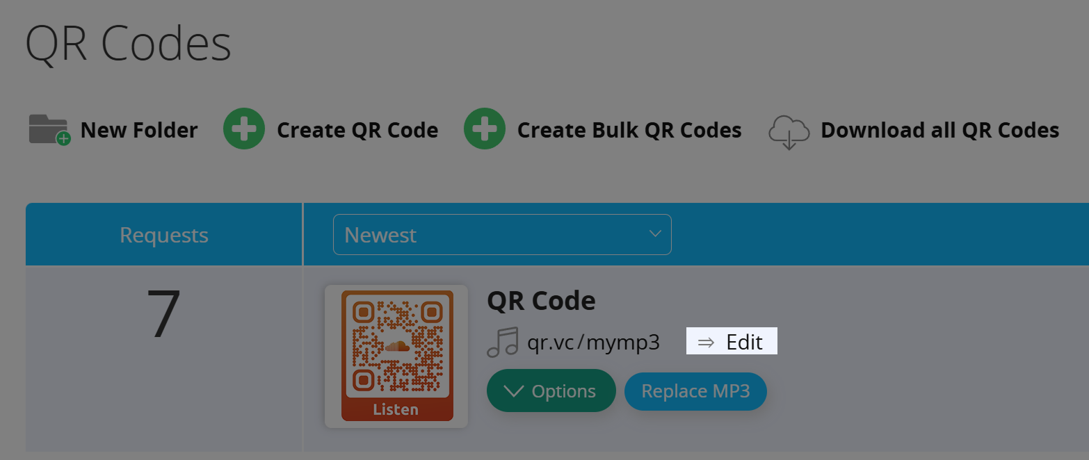 Captura de tela do botão "Edit" nas opções do QR Code 