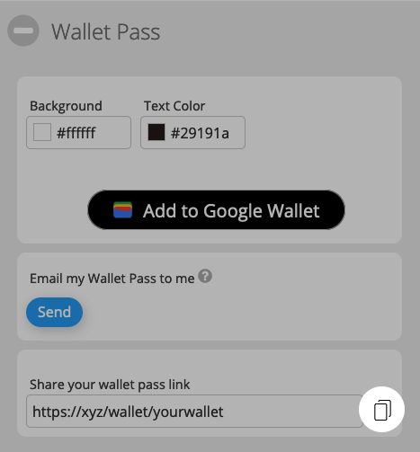 Copy icon for sharing the Wallet Pass Link