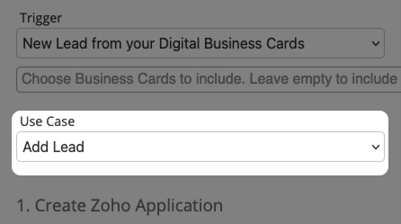 Screenshot: Integrationsformular für Zoho CRM mit hervorgehobenem Dropdown-Menü für "Use Cases"