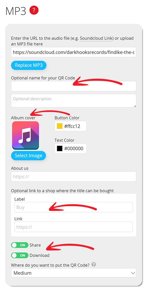 Captura de tela do modo de edição do código QR MP3 