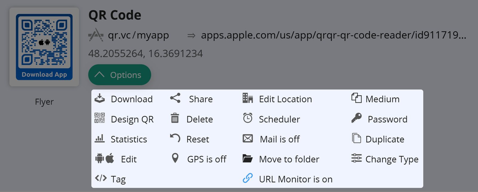 Screenshot of a QR Code´s opened Options Tab 