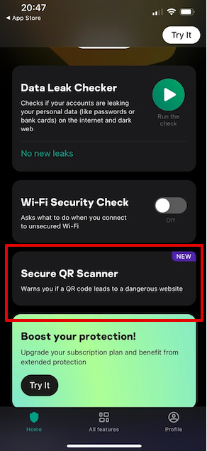 Kaspersky Security App Interface com um leitor seguro de código QR
