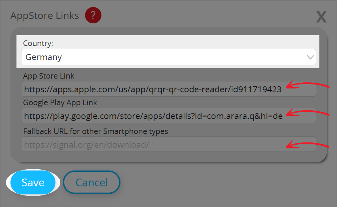 Captura de tela do menu suspenso "Country" (País) na página de configuração do código QR da App Store (editar) 