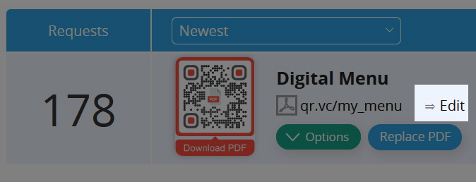 Dashboard mit PDF-QR-Code und PDF Datei editieren Button