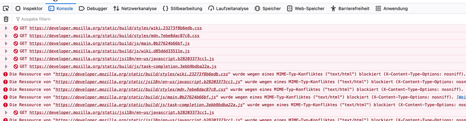 Ejemplo de errores en la consola en Firefox