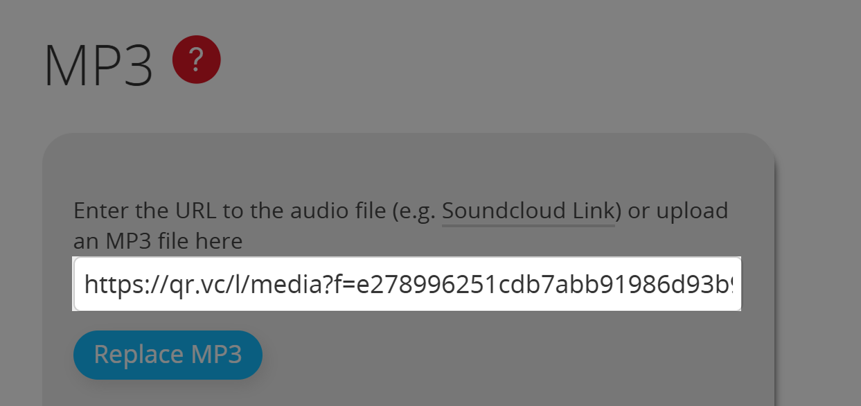 Captura de tela do campo de entrada para o URL de destino de um código QR de MP3 no modo de edição da página de destino... 