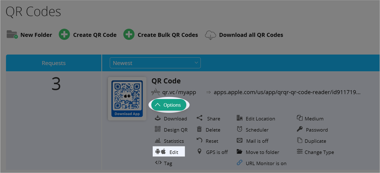 Captura de pantalla de los botones "Opciones" y "Editar" de un Código QR 