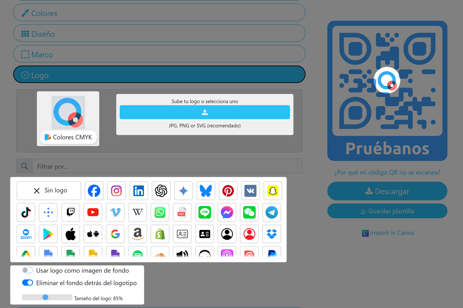 Captura de pantalla de la pestaña «Logotipo» 