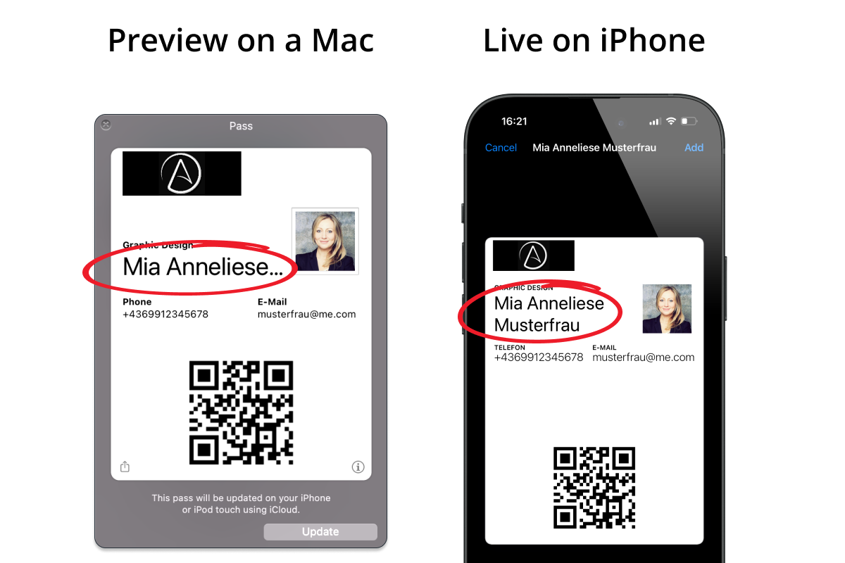 Vista previa del Wallet Pass en un Mac a la izquierda frente al pase mostrado en un dispositivo real a la derecha