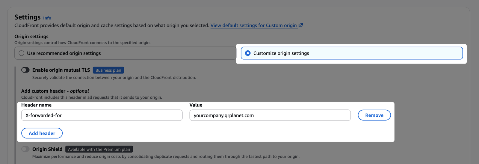Enter X-forwarded-for as the Header name and for the Value enter the alternative domain you copied before