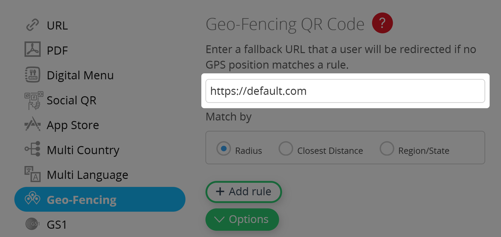 URL predefinido do código QR de delimitação geográfica