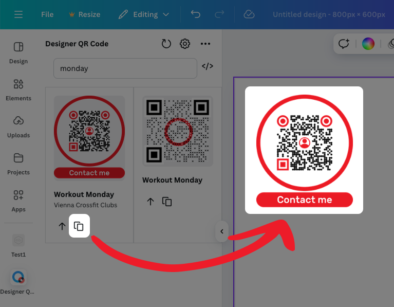 Schermata: Applicazione Designer QR Code con il pulsante "Usa" e il QR Code nel progetto di Canva evidenziato