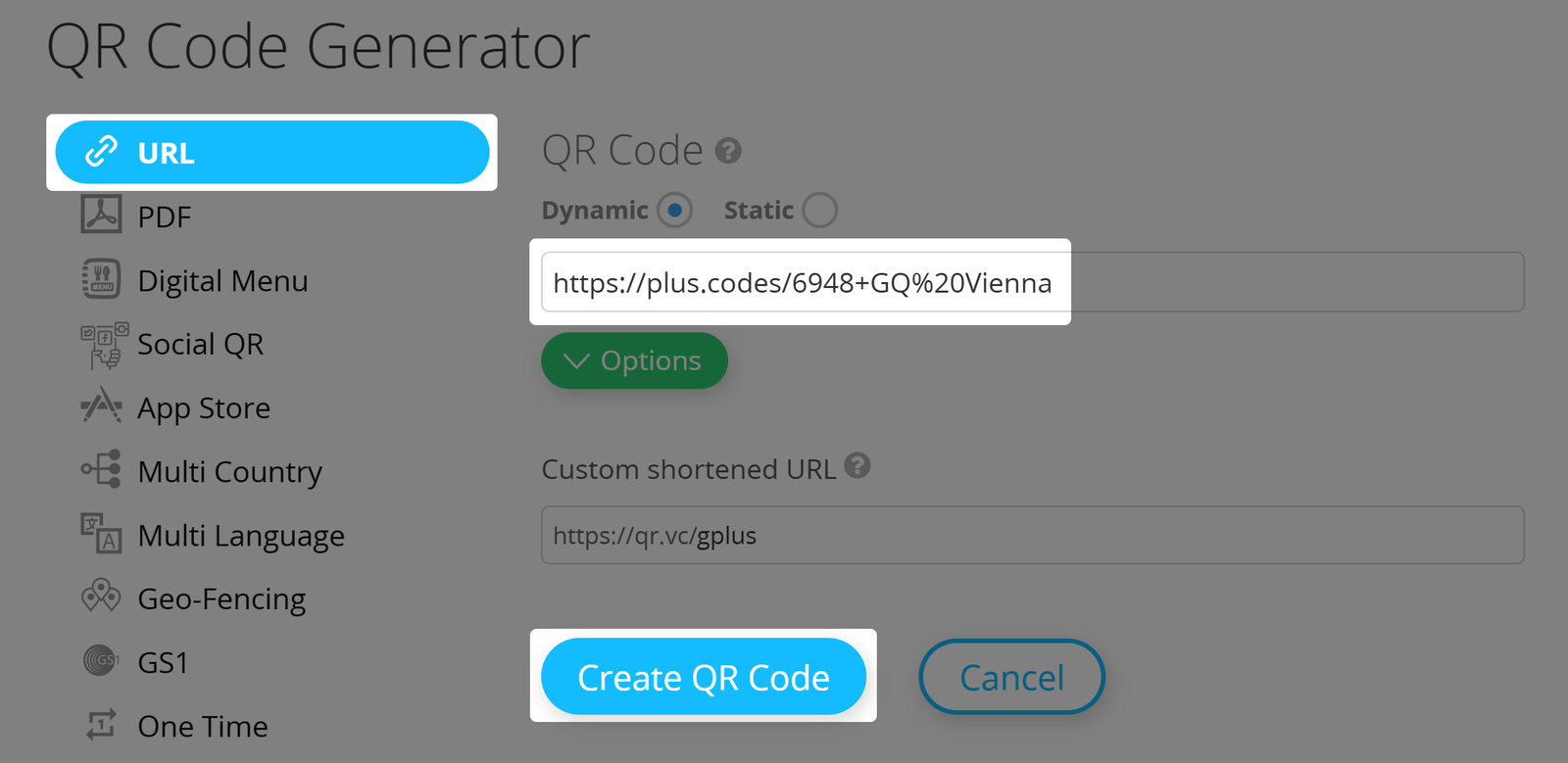 Captura de tela do gerador de código QR