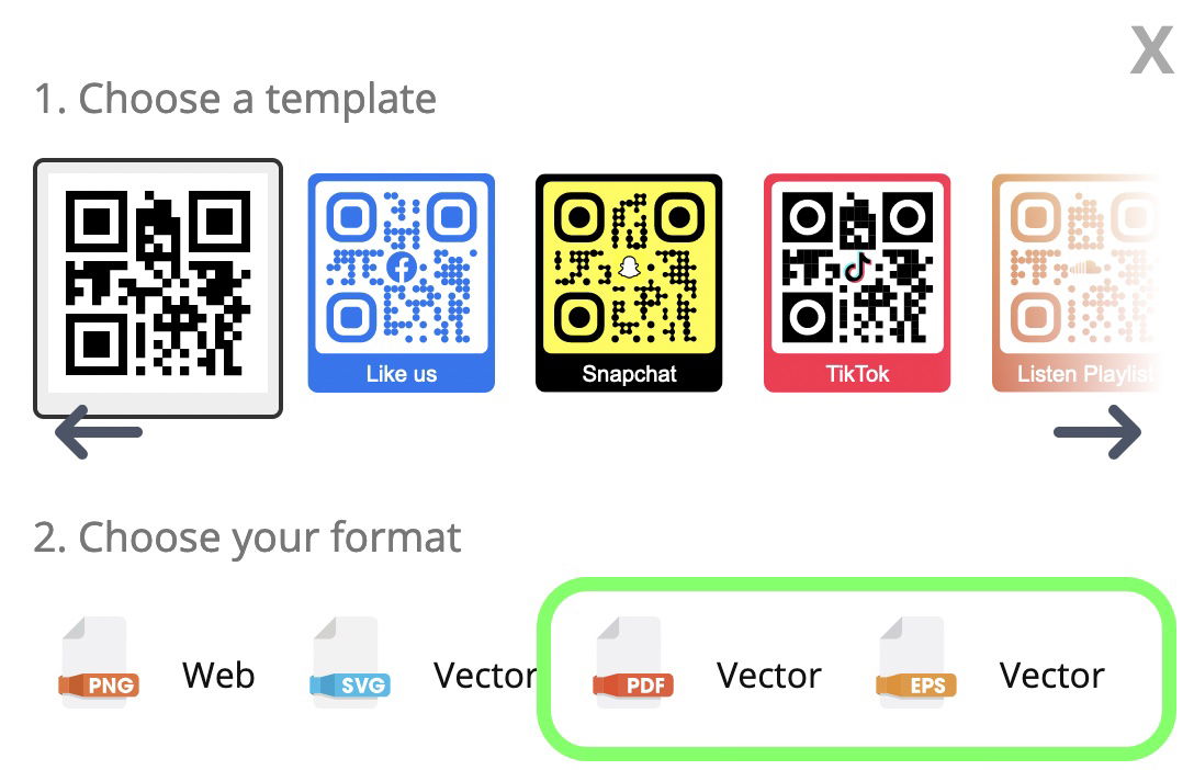 Finestra di dialogo per scaricare codici QR