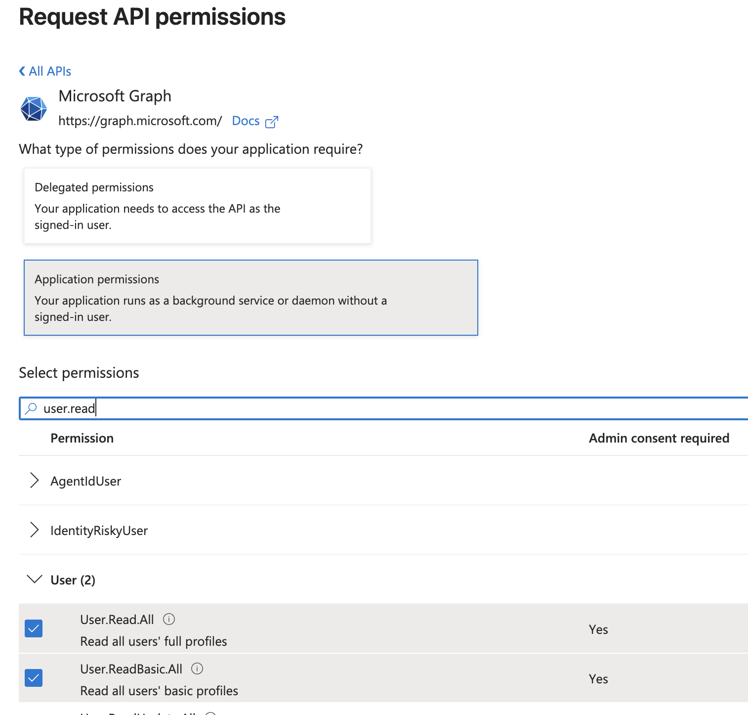 Captura de pantalla de los permisos de la API 