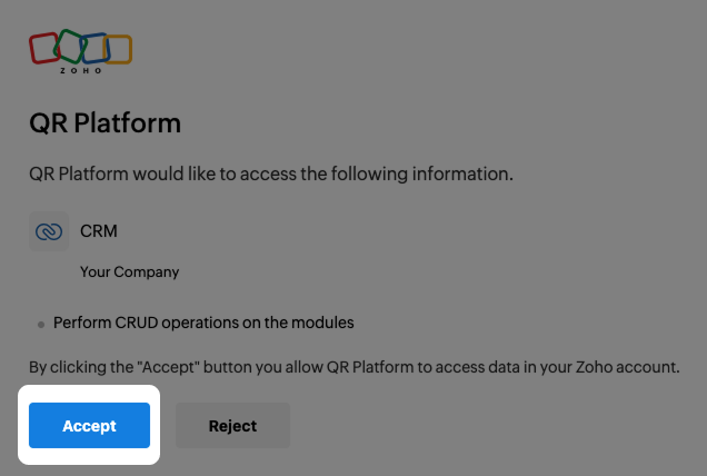 Screenshot: Bildschirm zur Bestätigung der Zugriffsberechtigung für Zoho mit hervorgehobenem Button Akzeptieren
