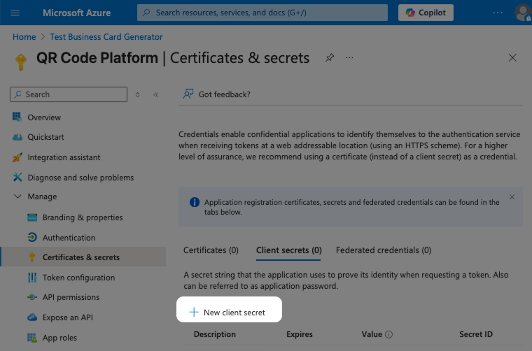 Klicken Sie auf Neuer geheimer Clientschlüssel