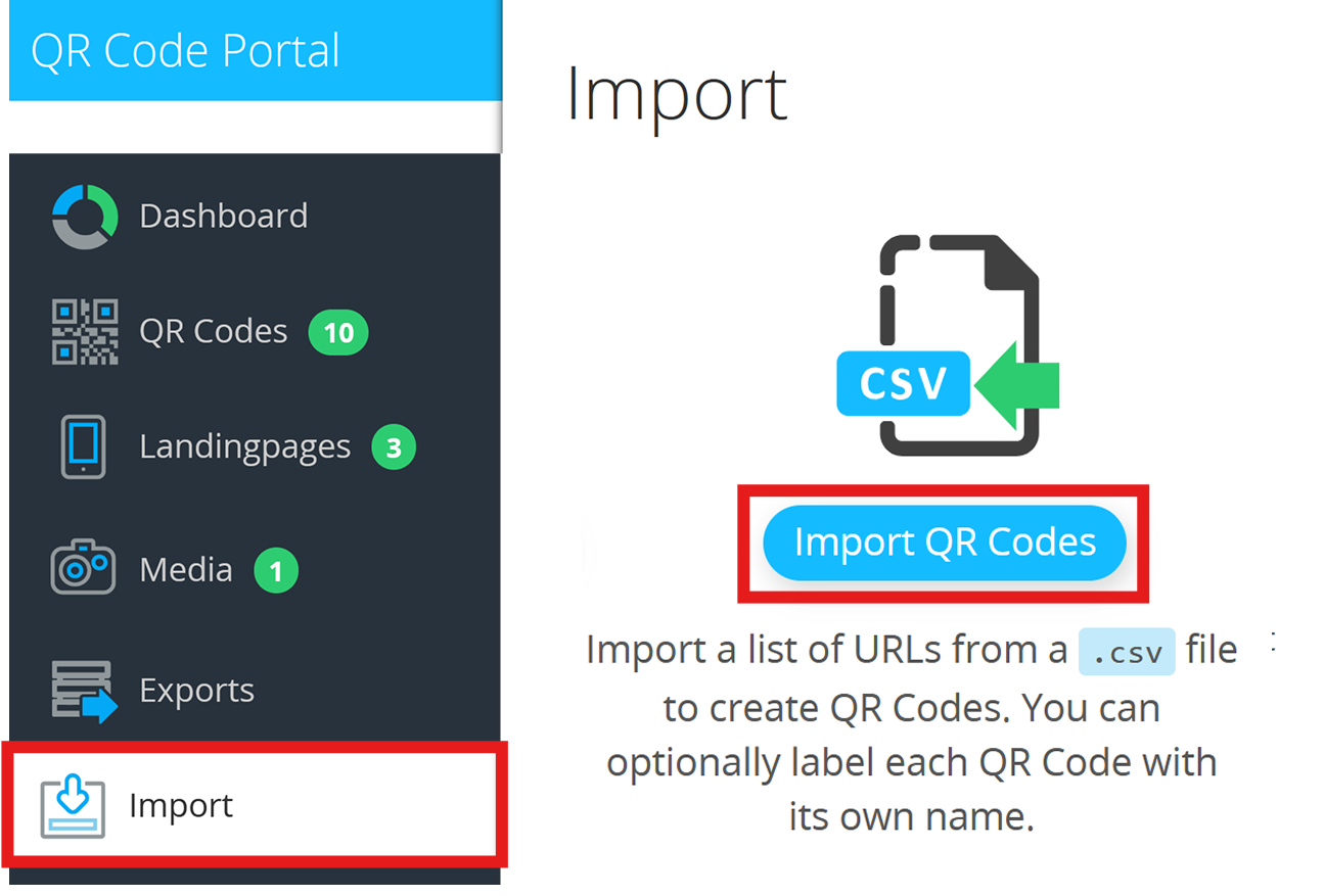 Captura de tela com o botão "Import" (Importar) no menu de navegação e "Import QR Codes" (Importar códigos QR)... 
