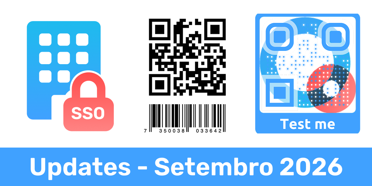 Login via SSO, códigos QR de transição GS1 e logotipo como plano de fundo