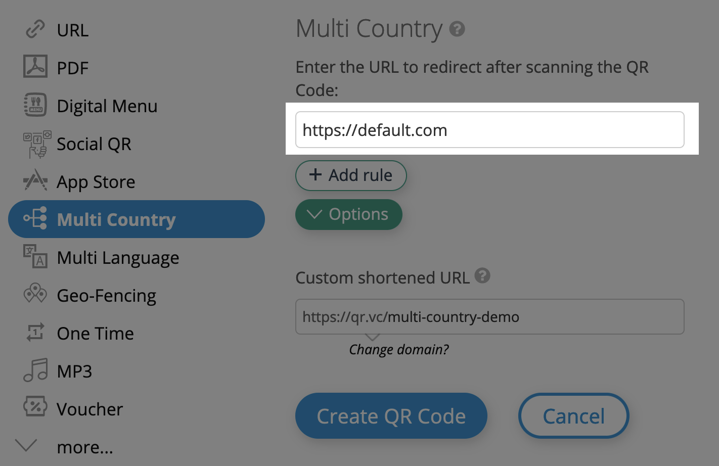 Campo URL padrão para Código QR Multi-País