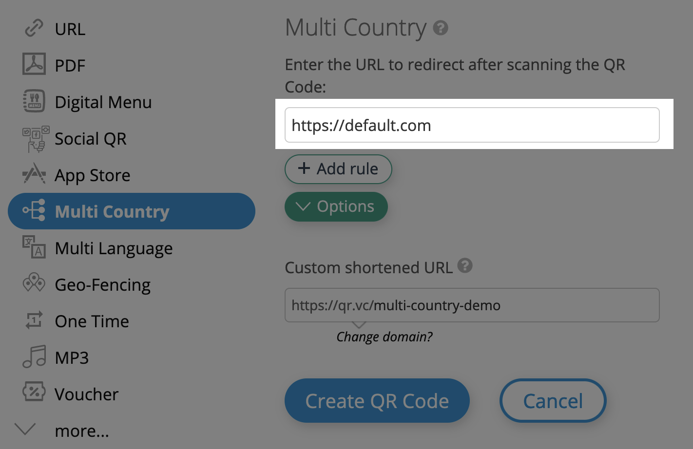 Campo URL predefinito per codice QR multinazionale