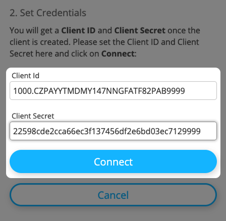 Screenshot: Integrationsformular für Zoho mit hervorgehobener Zoho-Client-ID, Secret und Button "Connect"