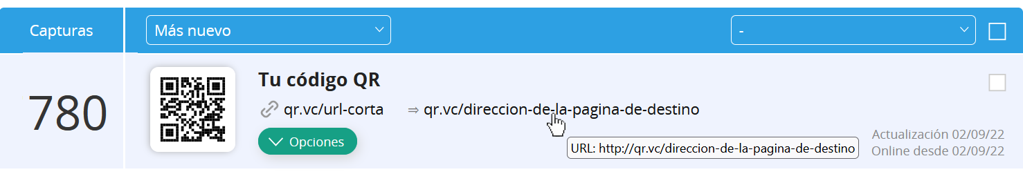 Menú del código QR con el cursor sobre la url  