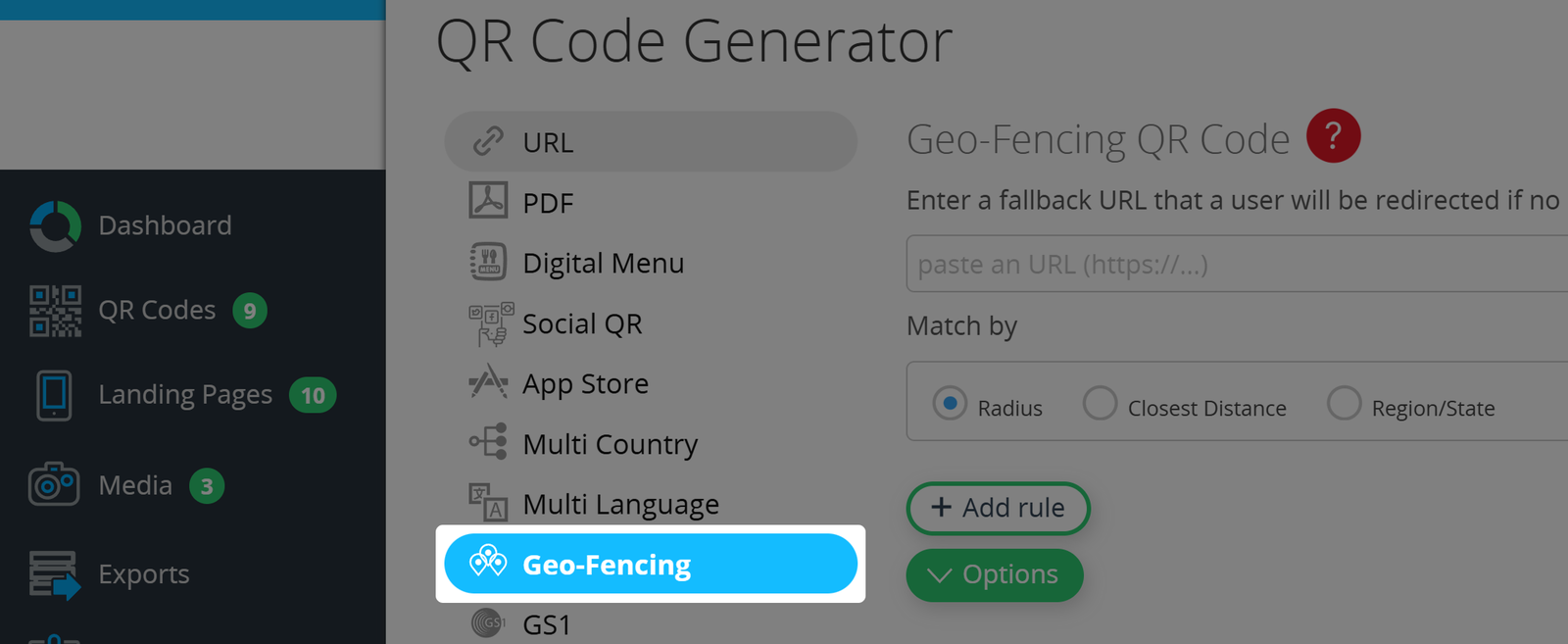 Pulsante "Geo-Fencing" in QR Code Generator