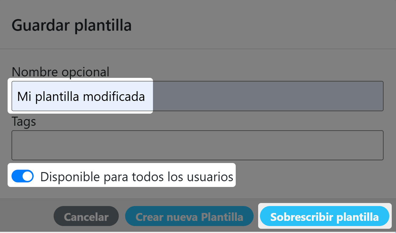 Captura de pantalla del panel «Guardar» para administradores de marca blanca 