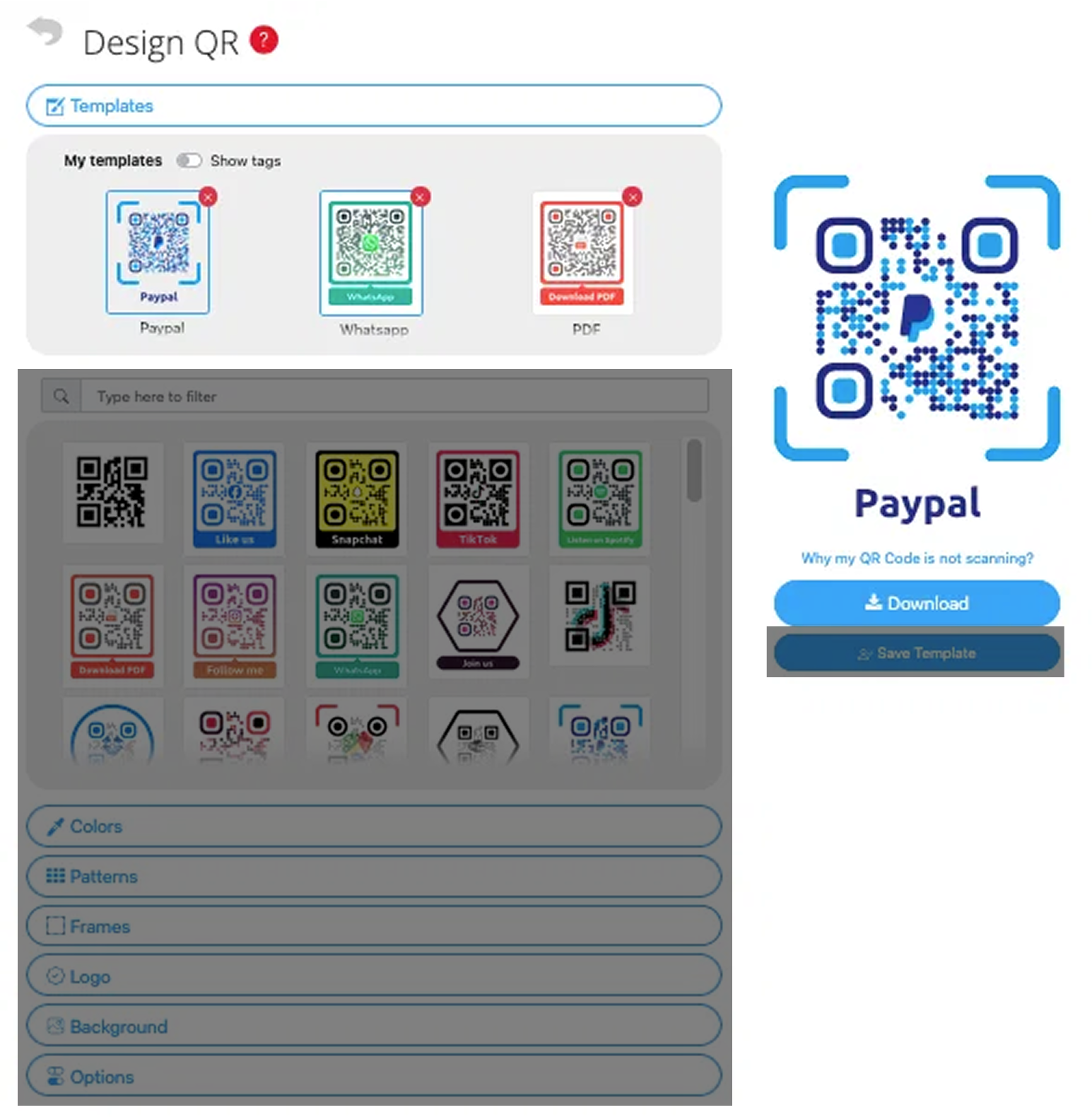 Schermata dello strumento di progettazione QR con il pulsante "Salva modello" nascosto 