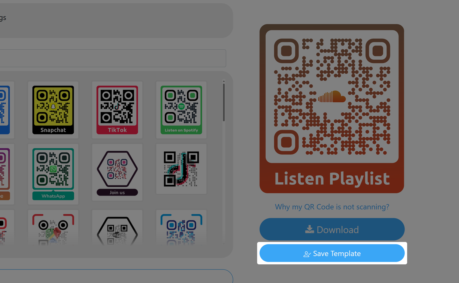 Screenshot of button "Save Template" in QR Design Tool 