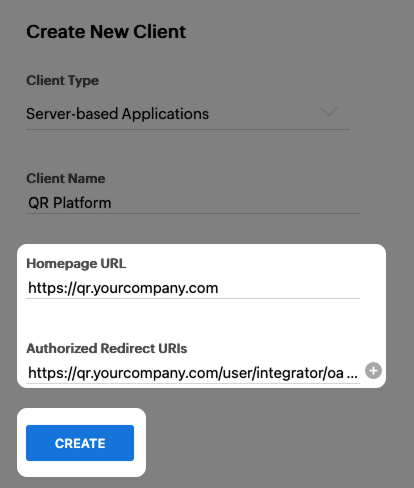 Bildschirmfoto: Hervorgehobene Homepage-URL und autorisierte Umleitungs-URL