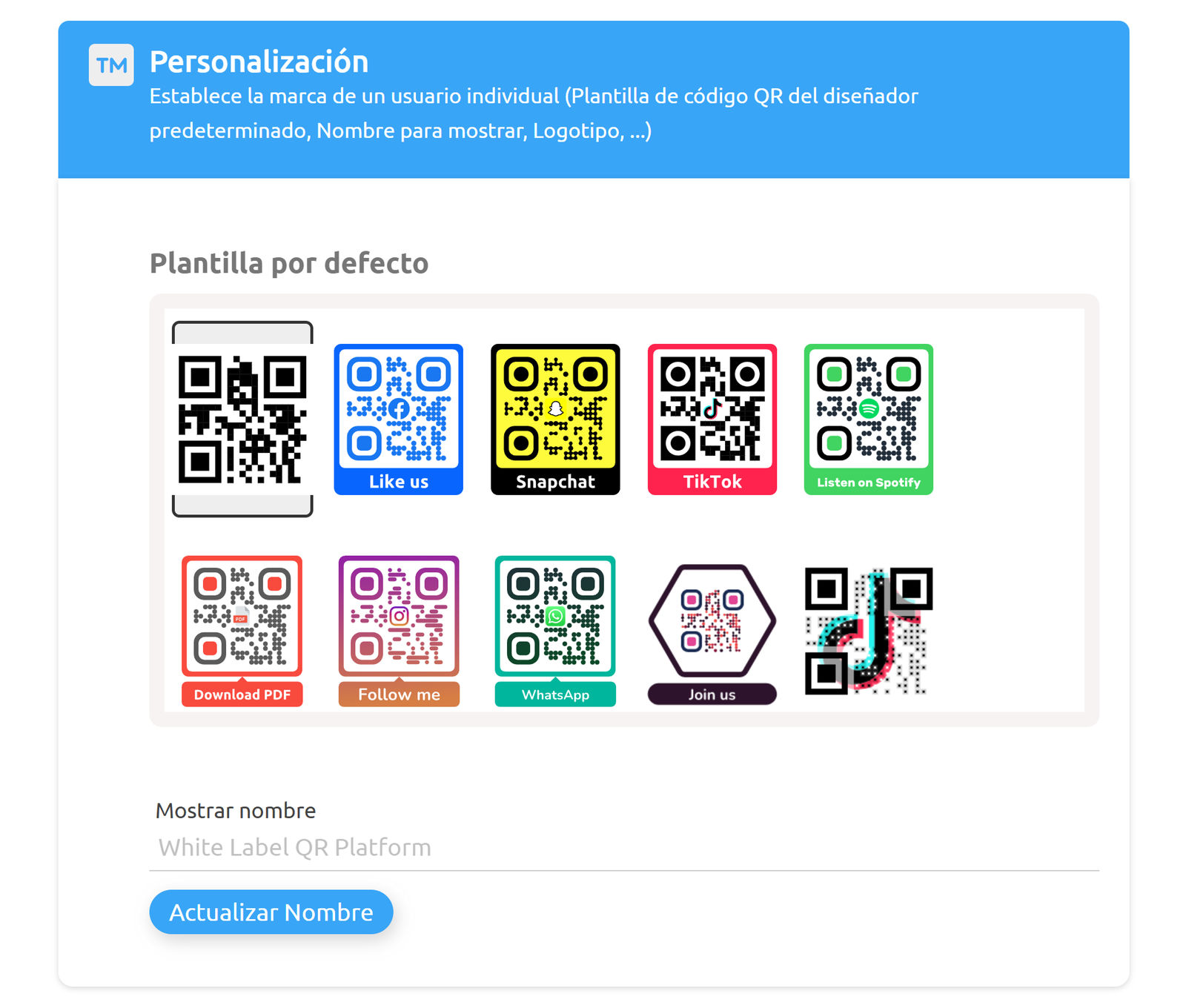 Captura de pantalla de la sección «Identidad de marca» en la configuración del usuario 