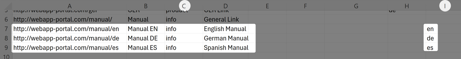 Zrzut ekranu wierszy od 7 do 9 w CSV 