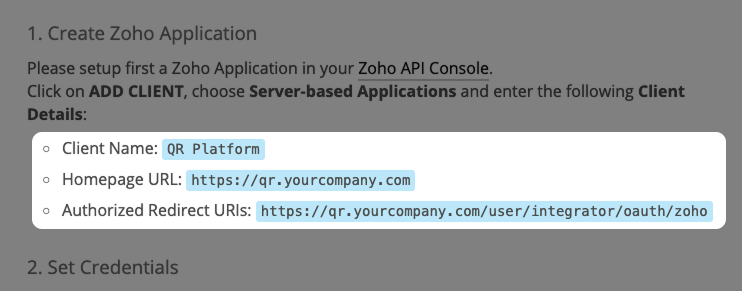 Screenshot: Zoho Instructions mit hervorgehobener "Redirect URL"