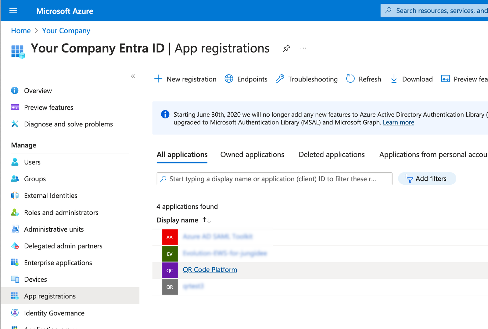 Klicken Sie auf App-Registrierungen > Alle Anwendungen > die zuvor erstellte Enterprise App. Klicken Sie auf App-Registrierungen > Alle Anwendungen > die zuvor erstellte Enterprise App