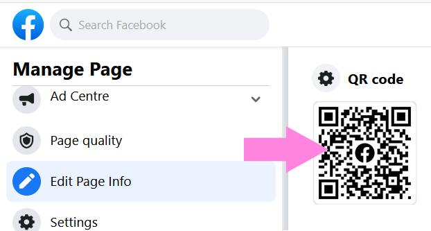 Finestra di dialogo Gestione pagina Facebook con codice QR