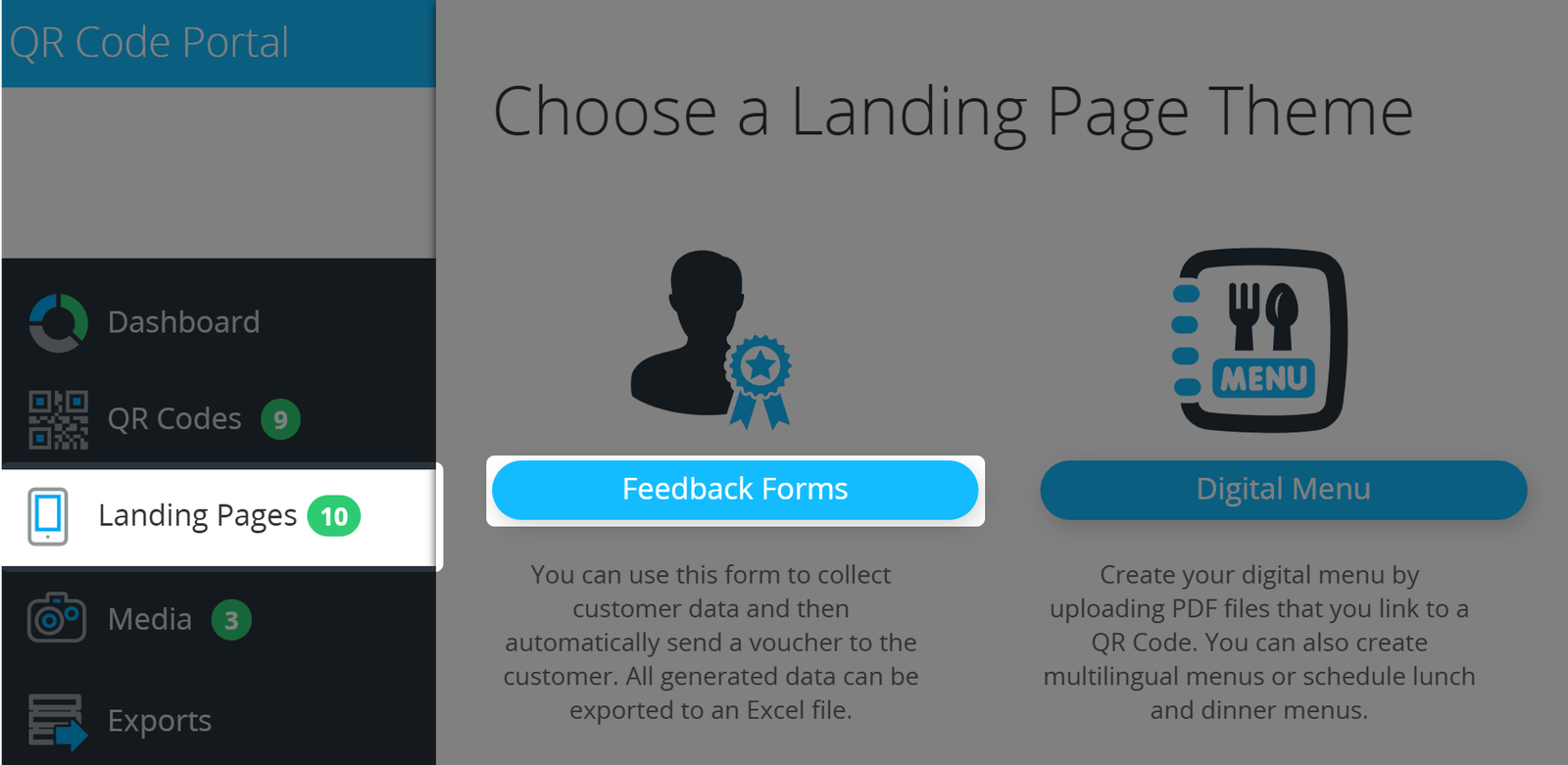 Botão destacado "Formulários de feedback" na página do tema da página de destino