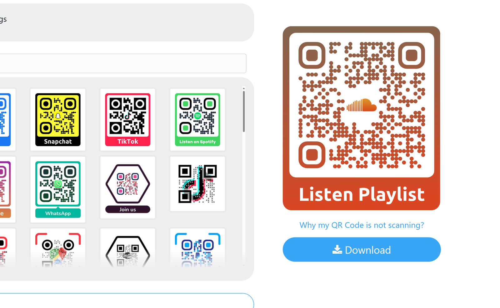 Screenshot of QR Design Tool with button "Save Template" hidden 