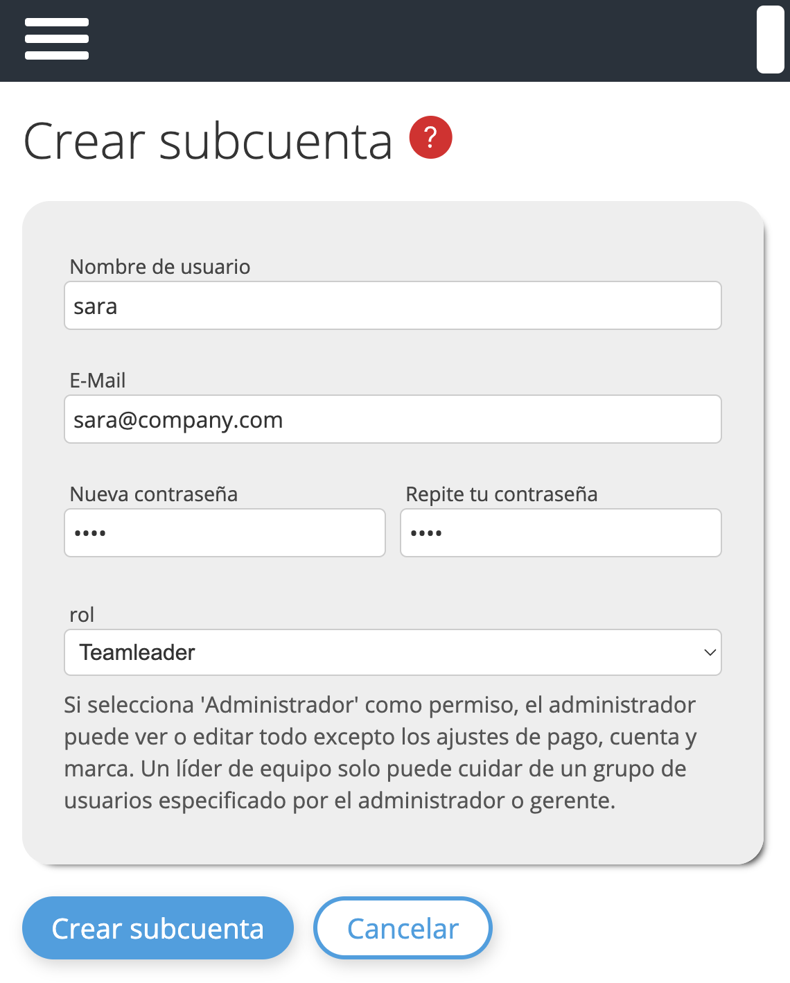 Crear subcuenta - asignación de rol 