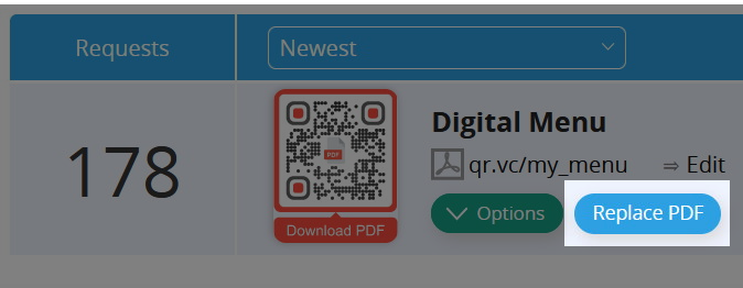 Dashboard mit PDF-QR-Code und PDF Datei ersetzen Button