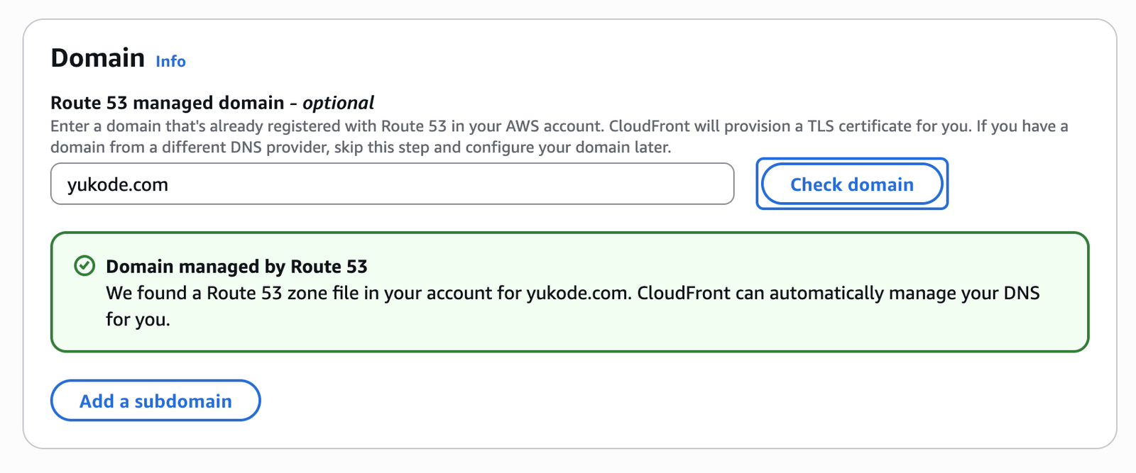 Green confirmation message that the domain works
