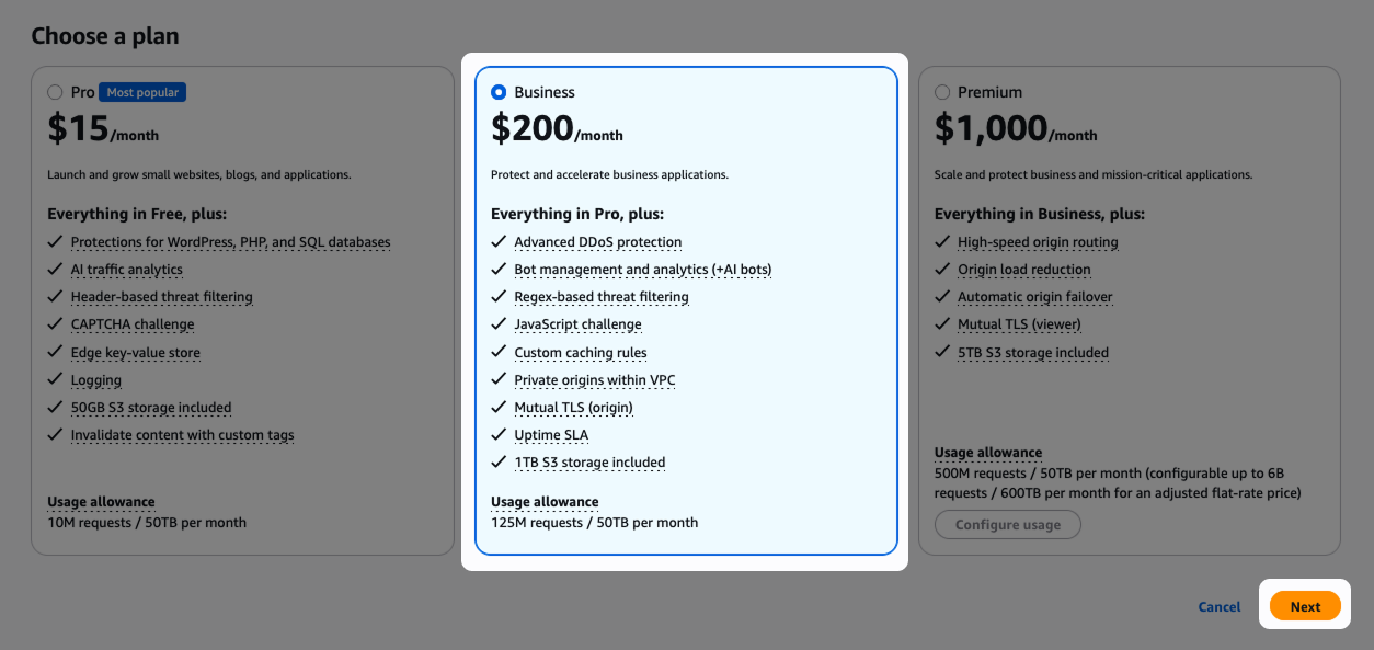 Choose the Business plan and click on Next