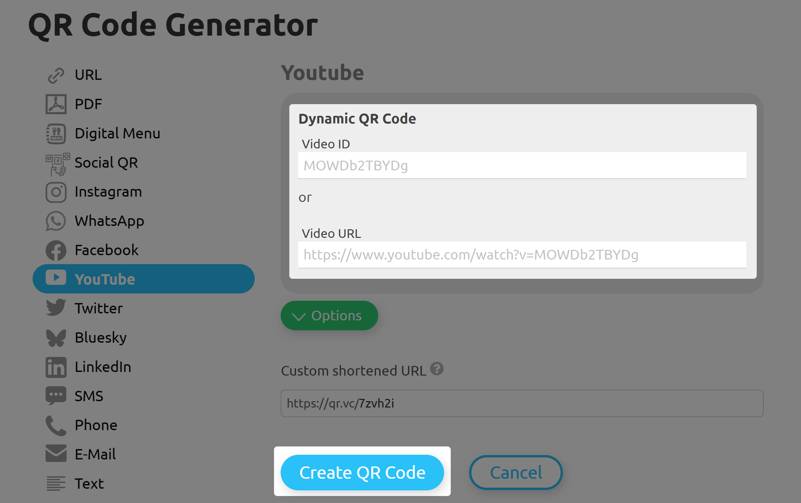 Formulario de entrada para la URL del vídeo de YouTube 